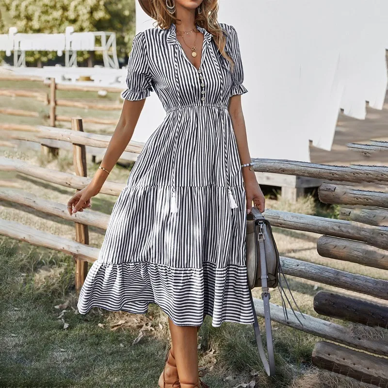 

Women's Elegant Stripe A-line Dress Women Clothes Temperament Commuting 2024 Summer New Fashion Female Casual High Waist Dresses