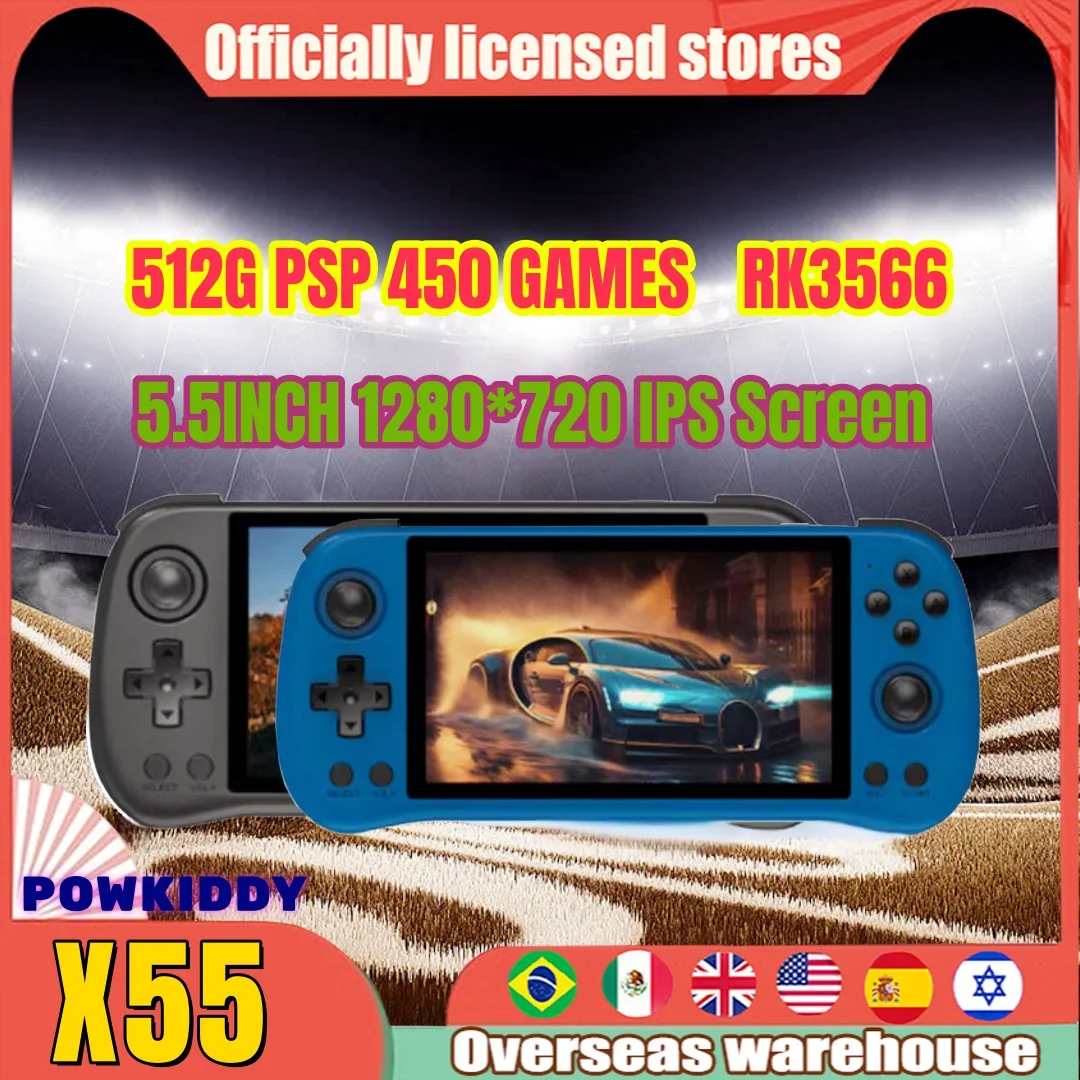 Powkiddy X55 Console Di Gioco Portatile Portatile Schermo Ips Da 5.5 Pollici Linux Rk3566 Videogioco Retrò Hdmi 450 Psp Console Di Gioco Portatile