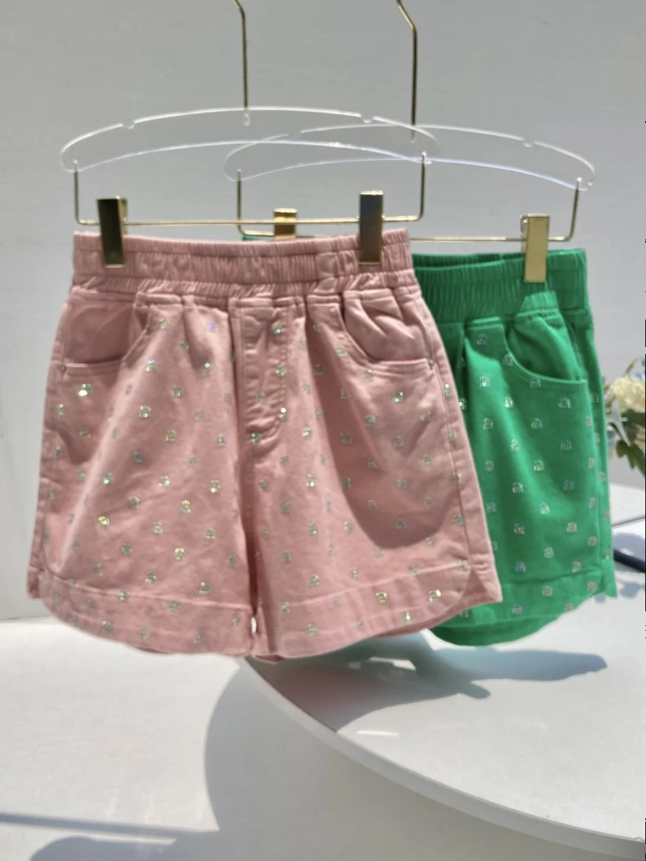 Fashion Rhinestone Jeans Women's High Waist Loose Slimming Streetwear Ladies Wide Leg Shorts 2024 Summer Short Pants New
