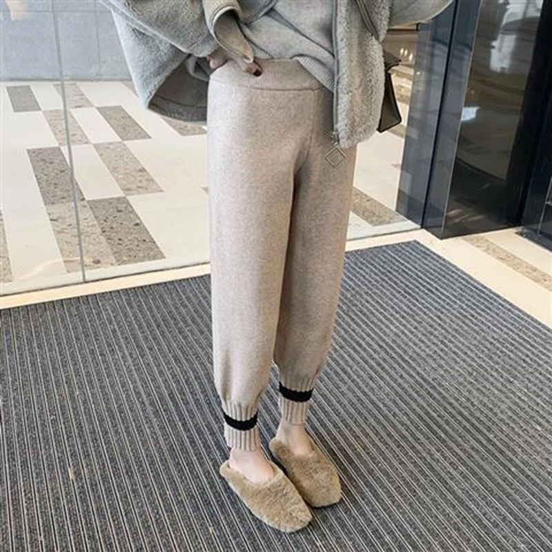 Knitted Pants Women Autumn Winter High Waist Casual Harem Trousers 2023 Korean Fashion Patchwork Stretch Baggy Pantalones S-2xl