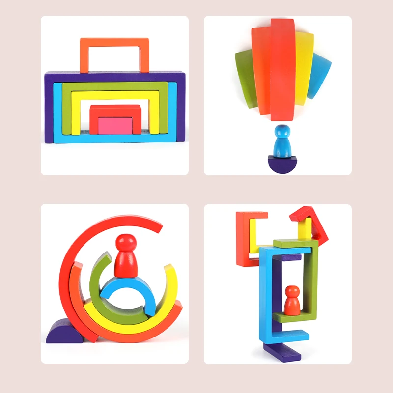 Wooden Rainbow Stacking Toys Montessori Toys Creative Baby Cognition Square/Arched Geometric Building Blocks Kids Puzzle Games 5