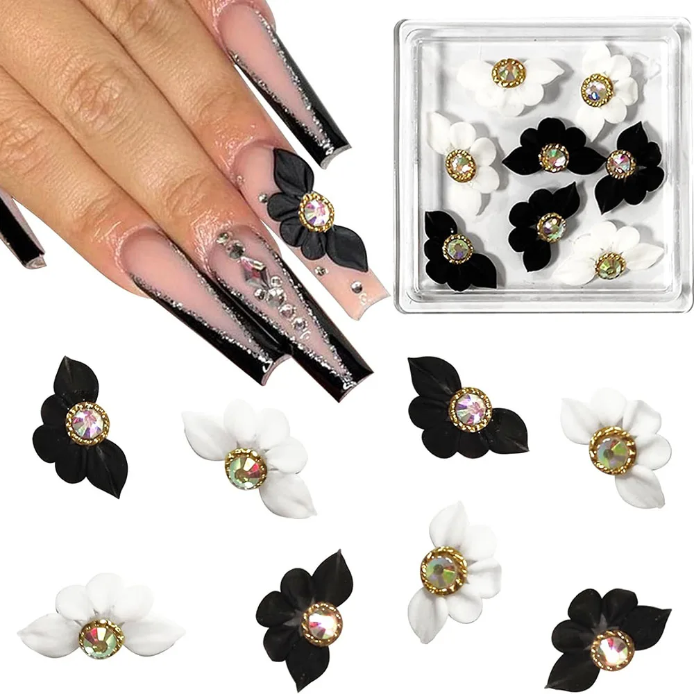 6Pcs Handmade Flower Nail Art Charms Acrylic Flower White Black Butterfy Nail Decorations 3D Flower Gems Rhinestones DIY Jewels