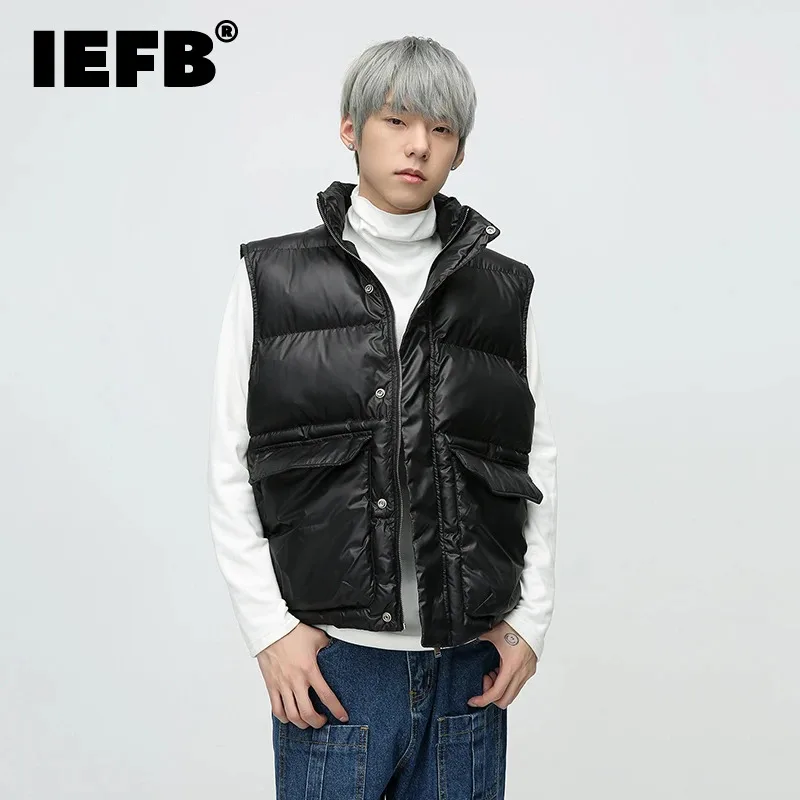 

IEFB Men's Fashion Cotton Coat Vest Trend Drawstring Niche Design Solid Color Warm Outer Wear Padded Jackets Tank Tops 9C3417