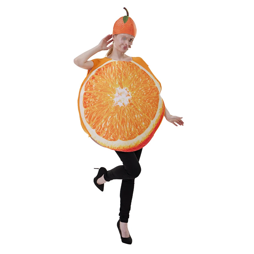 thumbnail image 1 of Disfraz divertido de rebanada de fruta para Halloween, vestido naranja para adultos, traje de fiesta de verduras, bar y espectáculo con sombrero naranja, 1 of 4