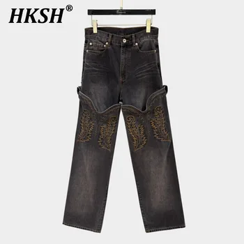 HKSH Spring Summer Women Retro Tide Straight High Street Fashion Embroidered Spliced Jeans Chic Ins Y2K Punk Denim Pants HK4896