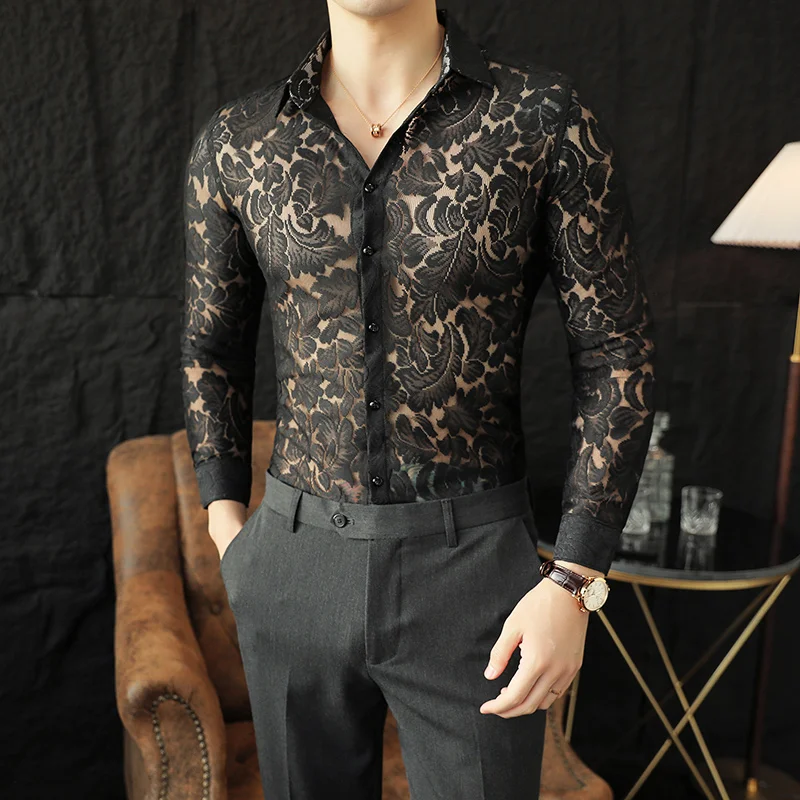 Camicia Uomo Con Paillettes Trasparente | Maglia Manica Lunga Sexy | Per Ballo Latino E Serate