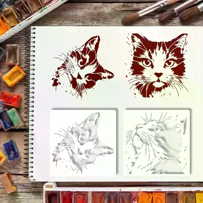 4개/세트 고양이 그림 스텐실, 귀여운 새끼 고양이 패턴이 있는 재사용 가능한 속이 빈 DIY 몰드, 나무 간판, 벽, 저널에 적합