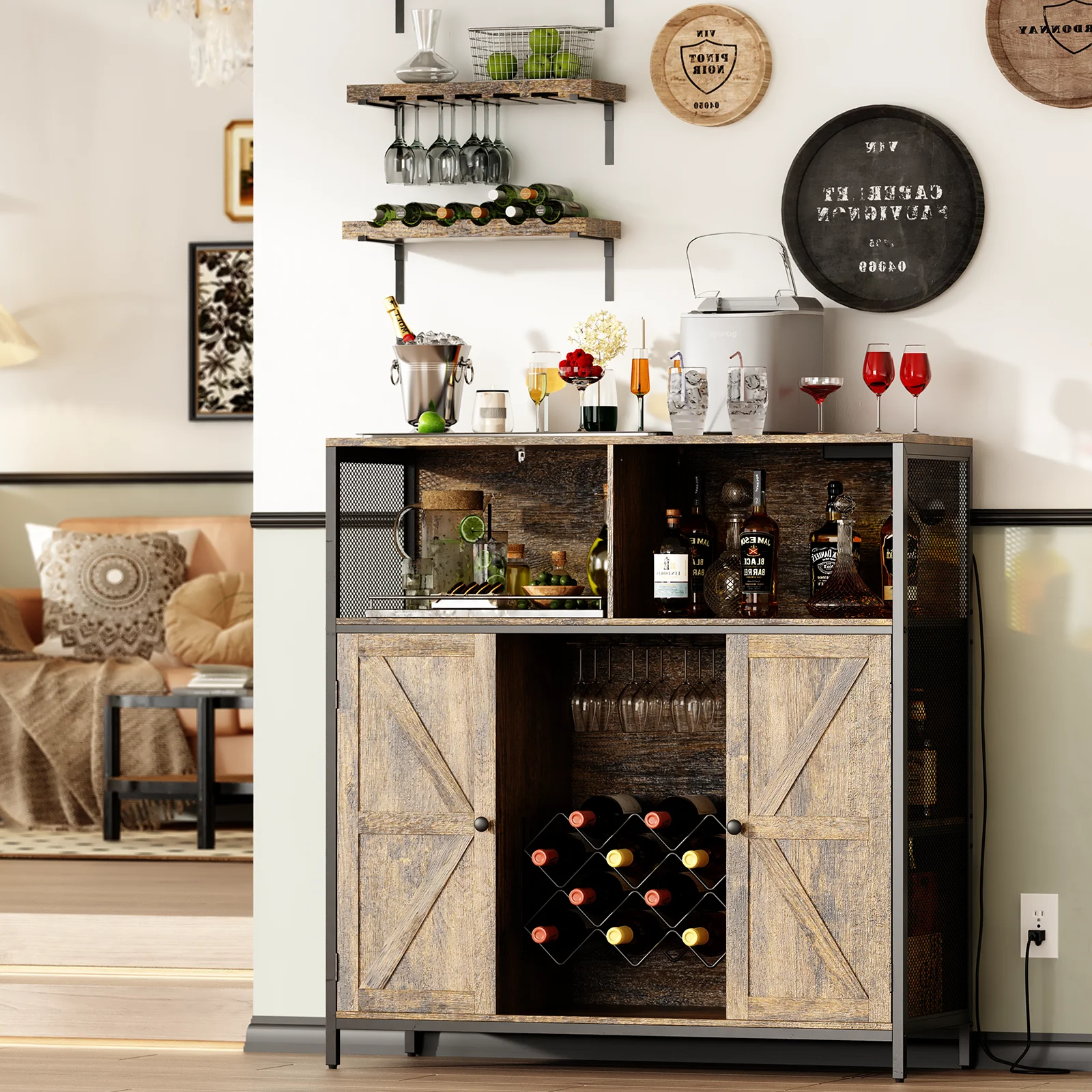 Redlife Bar Cabinet w/ Power Outlets Liquor Cabinet w/ LED Light Glass Holder Industrial Storage Buffet for Home Kitchen