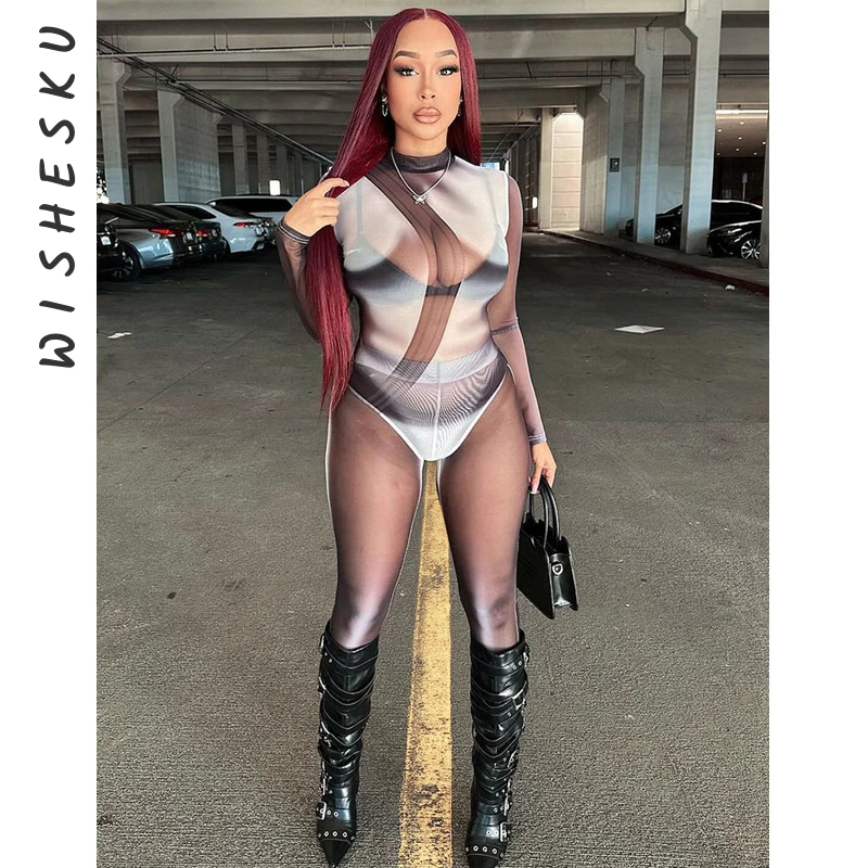 

Женский сетчатый комбинезон с высоким воротником и длинными рукавами