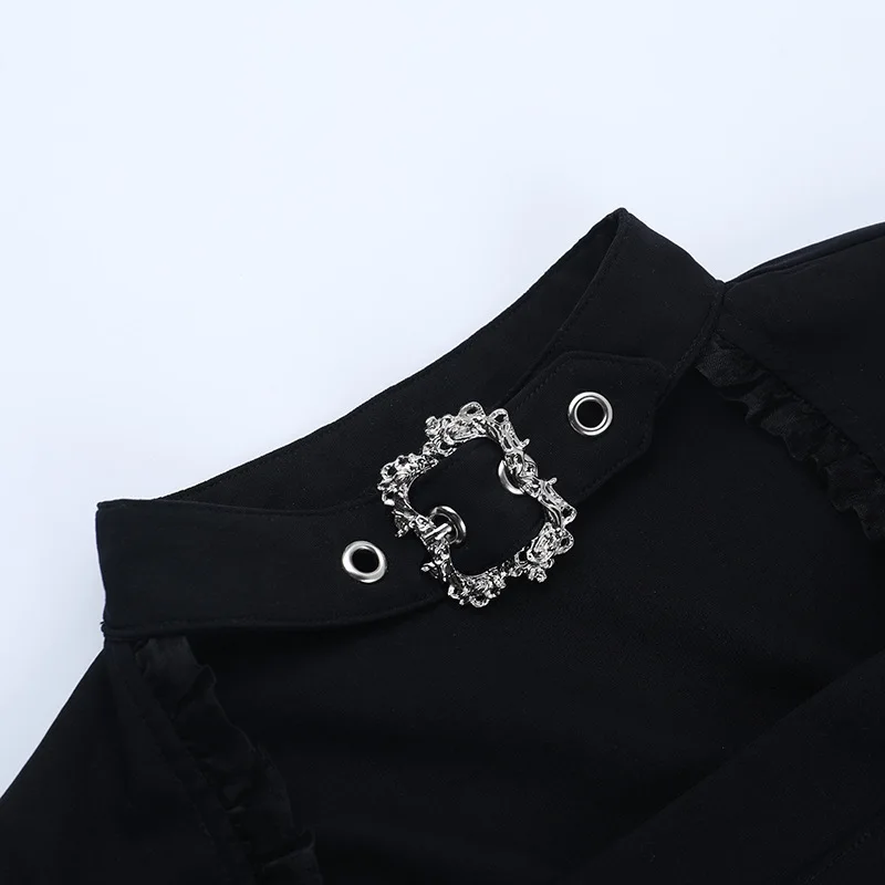Subculture Lolita Mesh Trim Buckle Tops Mall Goth Punk Slim Long Sleeve Top Y2K 90s Pullover Alt T-shirts Halloween 6