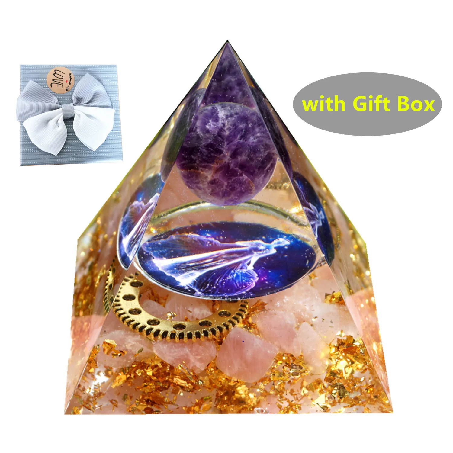 

VIRGO Orgonite Pyramid Amethyst Sphere&Rose Quartz Gear Wheel Meditate EMF Protection Orgone Pyramid Crystal Healing Reiki