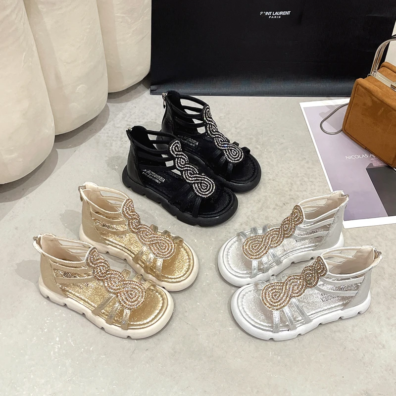 

Girls Kids Fashion Rhinestone Spiral Exquisite Sandals 2022 Retro Ethnic Wind Solid Color Versatile Summer New Back Zip Children