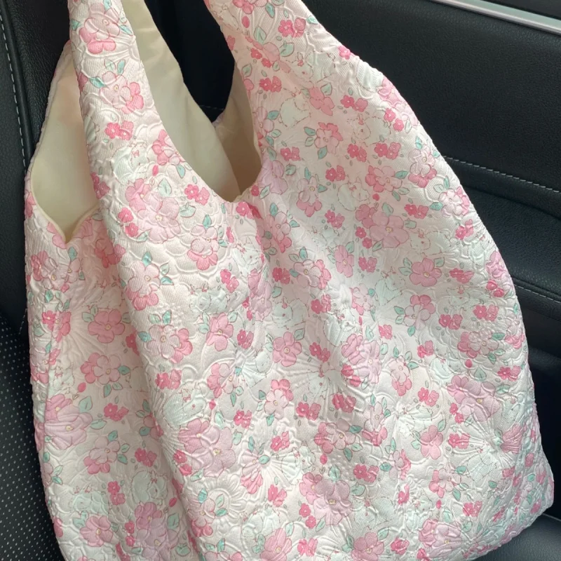 Korean Pink Flower Canvas Bag For Women 2025 New Large Capacity Embroidered Single Shoulder Tote Bag Commuter Underarm Bag