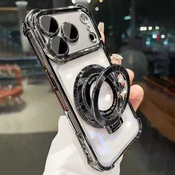 Luxury Plating Shockproof Magnetic Bracket Phone Case with Smart Clear Cover - Honor 300 Ultra (Black)