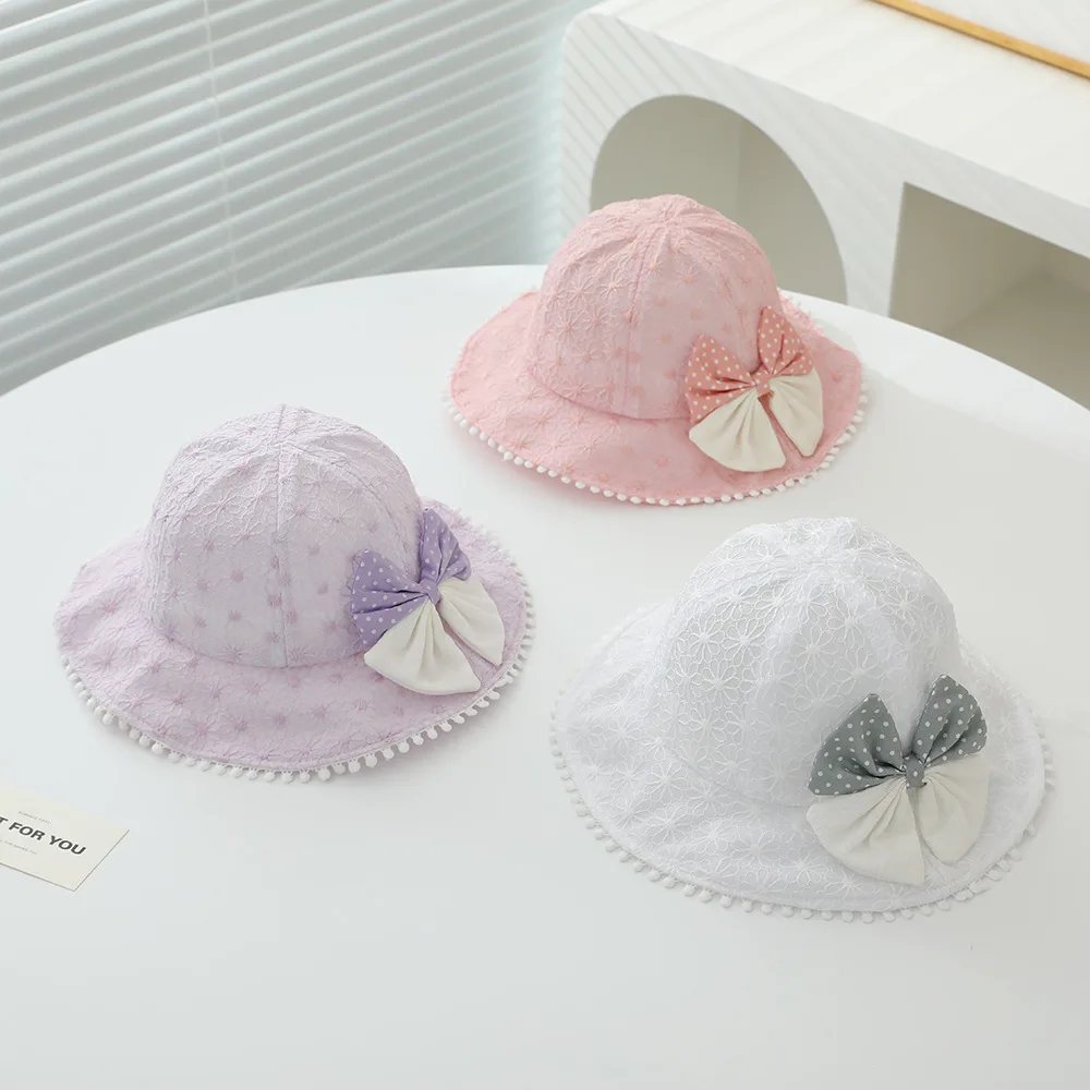 New Spring Summer Girls Fisherman Hat Patchwork Bows Flowers Lace Hat Big Brim Bucket Girls Princess Breathable