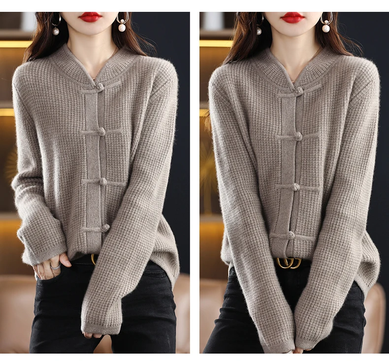 100% Pure Wool Cardigan Casual Knitted Half-high Collar Women China Knot Buckle Sweater Knitted Autumn Winter Cashmere Jacket