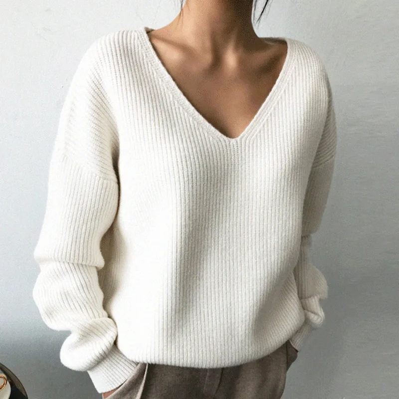 Women Knitted Deep V Neck Sweater Long Lantern Sleeve Pullover