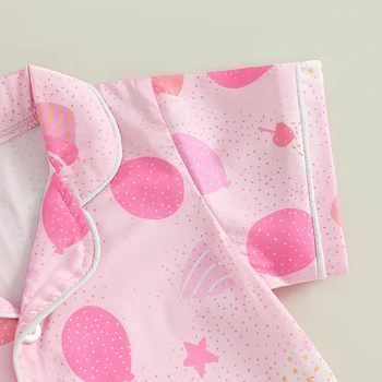 Children s Girls Pajama Set with Fun Cake and Balloon Print Short Sleeve Shirt Top and Shorts 2-Piece Lounge Suit for 3