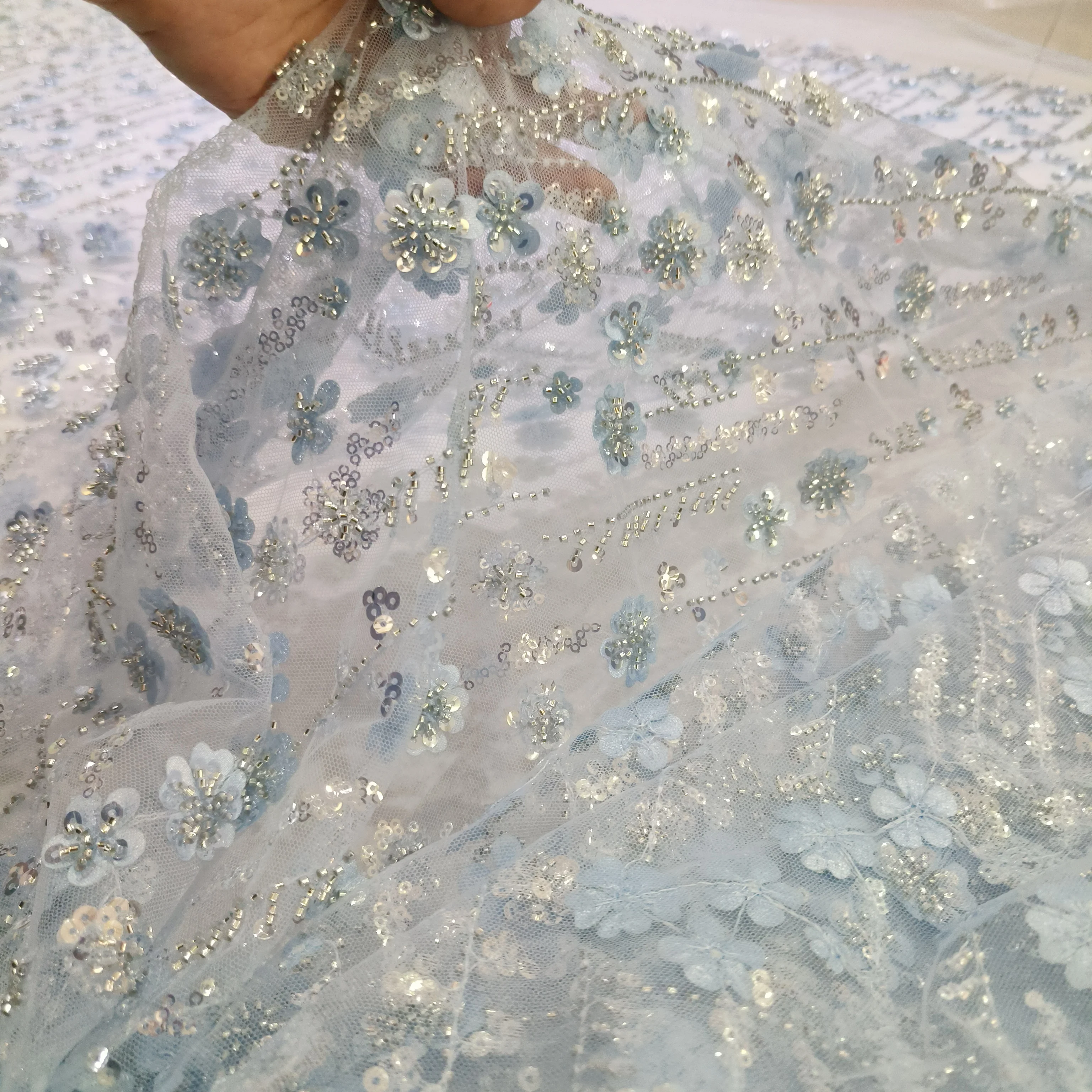 3D Flower Embroidery Sequin Beading Lace Fabric for Evening Dress