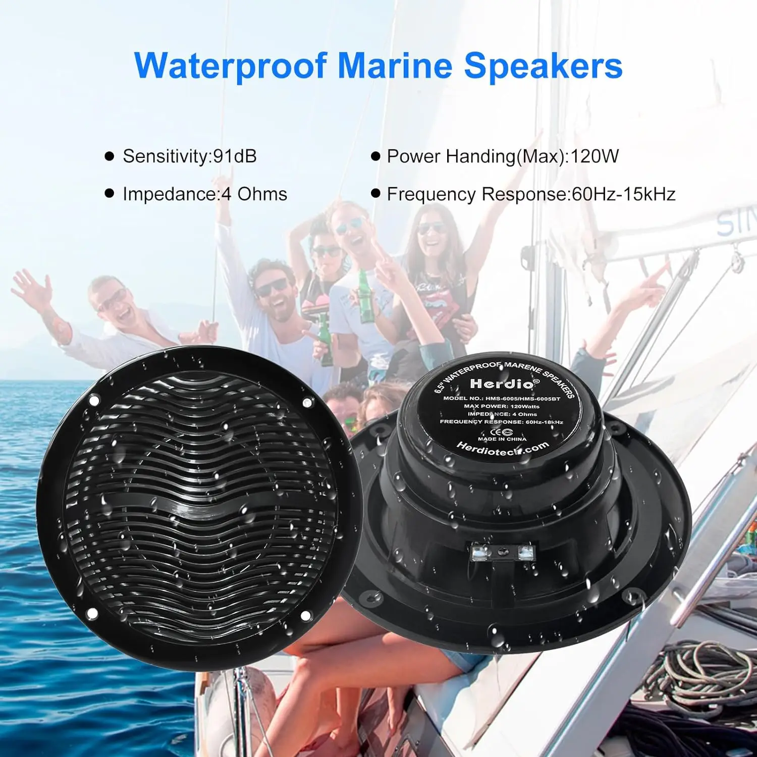 Herdio Marine Speakers 2 Way 6.5 Inch 120W Waterproof and Weather Resistant Outdoor Stereo Boat Speakers Perfect for ATV UTV