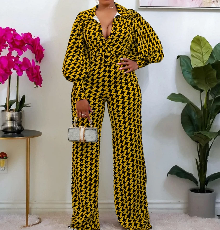 2024 New Fashion Women Elegant Jumpsuit Commuting Casual Loose Elastic Lapel V-neck Printing Straight Leg High Waisted Jumpsuit