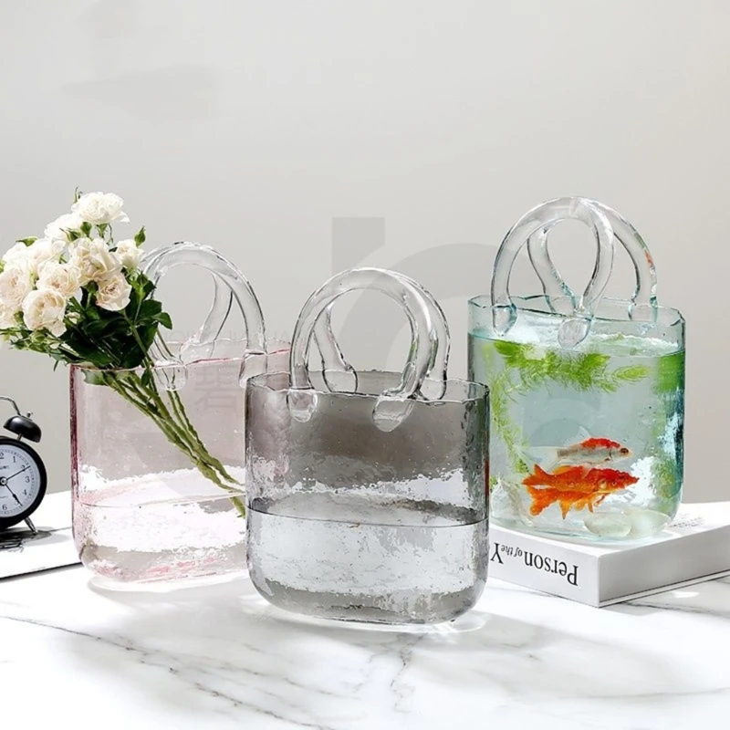 lear Glass Vase Fish Tank Tote Bag Flower Handbag Bag Vase Desktop Centerpiece for School Office Bedroom Decoration Drop Ship 2