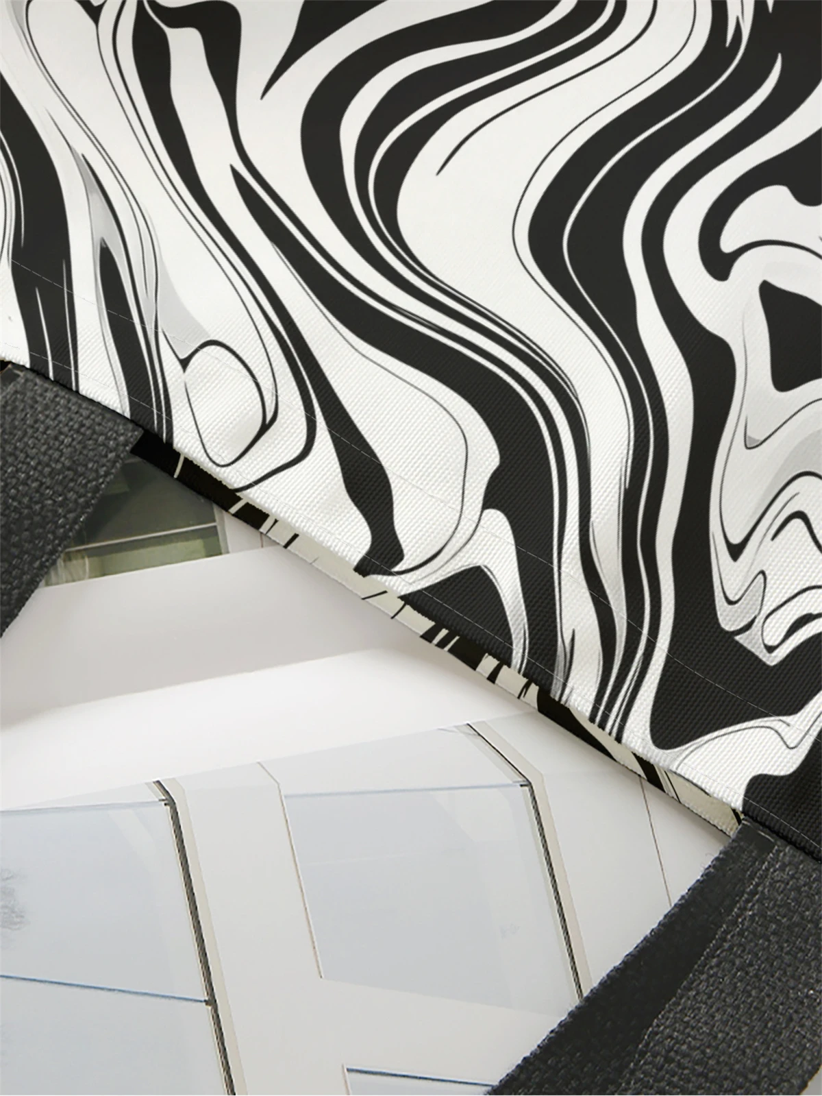 1pc,black and white handbag, reusable fashionable handbag, multifunctional handbag, printed canvas shopping bag