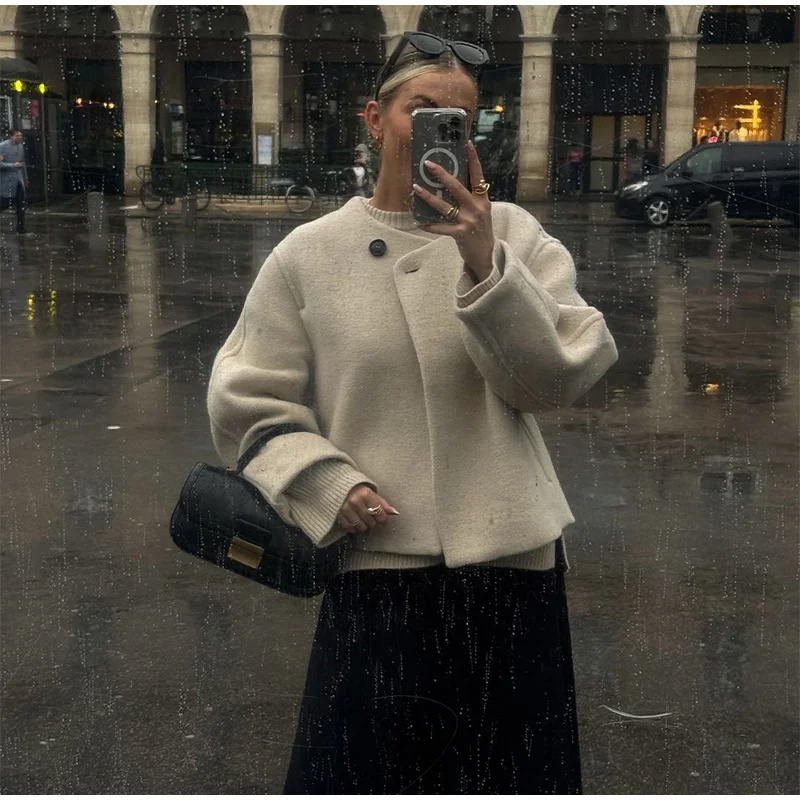 Elegant Solid Woolen Blend Jacket For Women Fashion Button O-neck Long Sleeve Coat New Autumn Winter Commute Warm Outwear