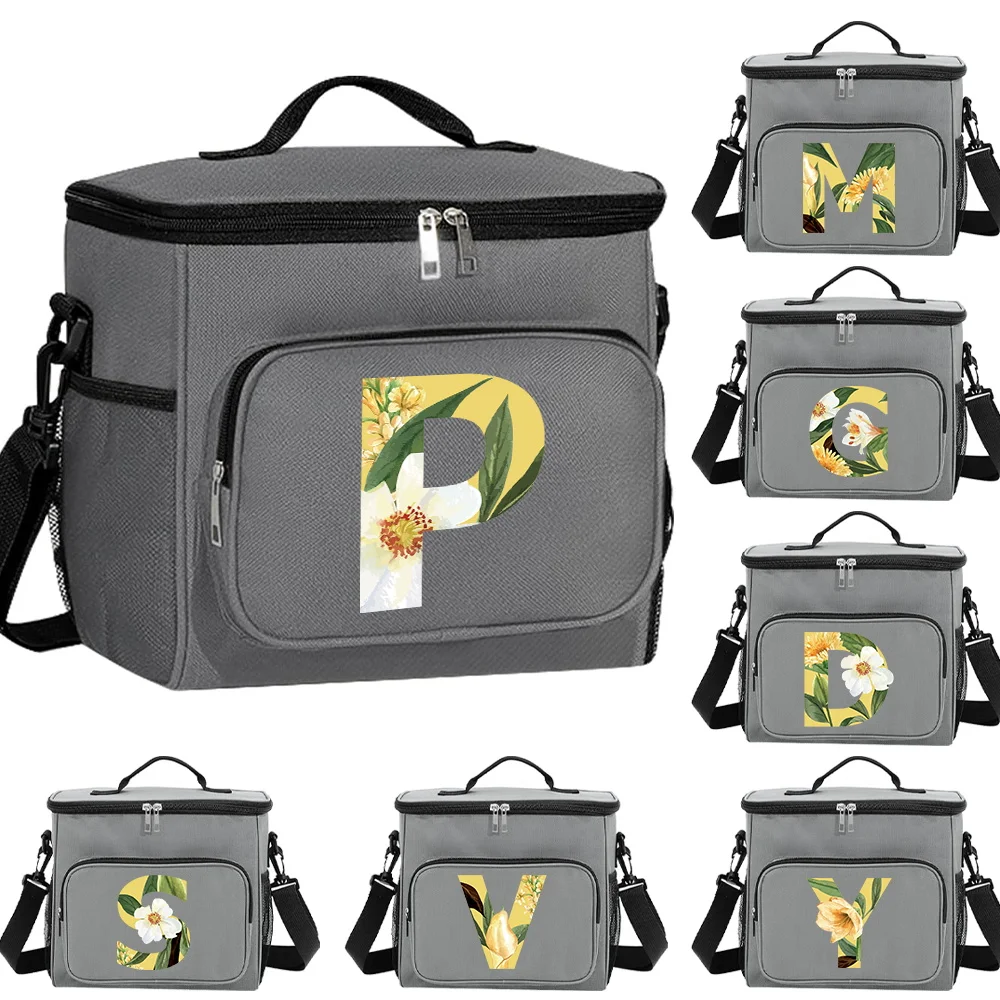 New Floral Letter Series Printed Pattern Large Capacity Portable Food Storage Handbag with Oblique Shoulder Insulation Lunch Bag