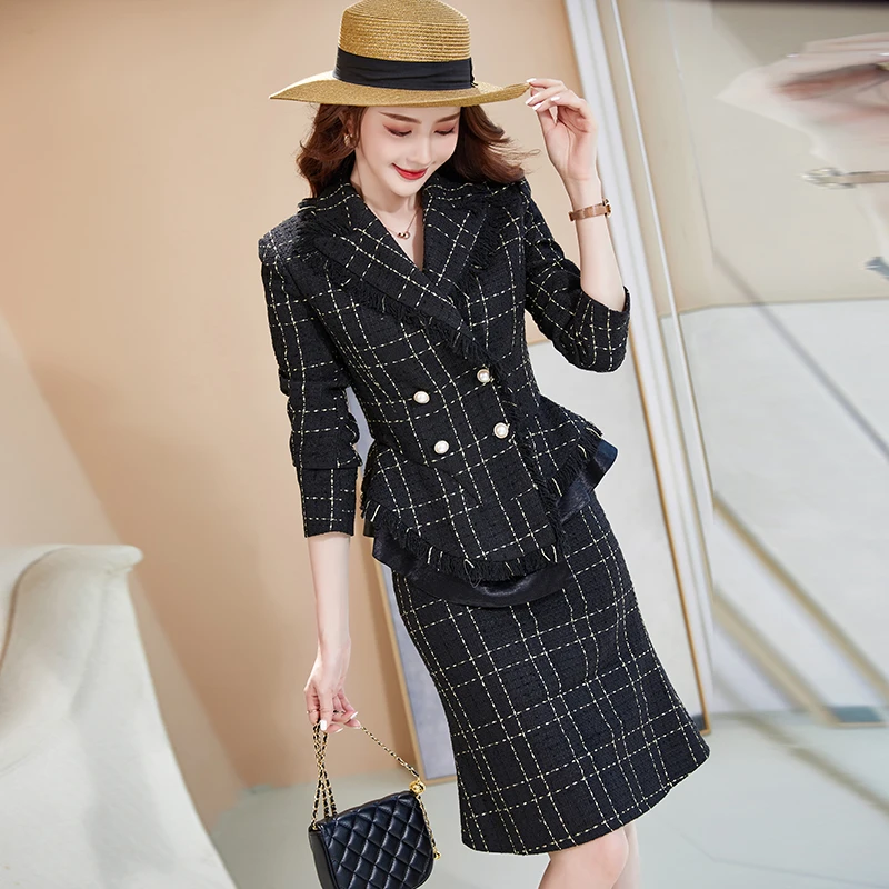 New Autumn Winter Women Tweed Skirt Suits High Quality Fashion Plaids