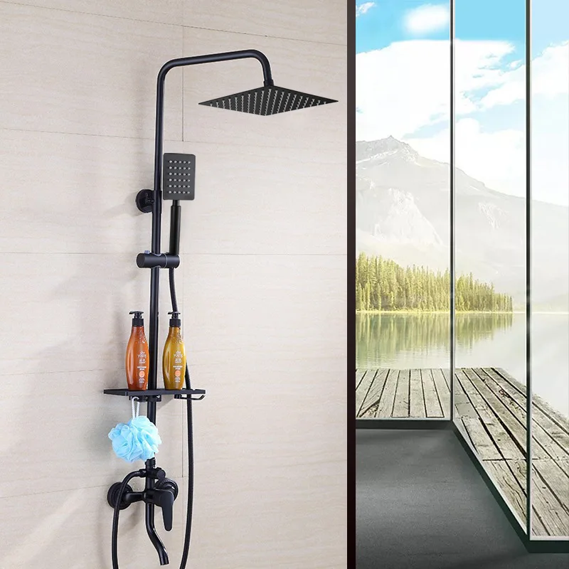 XAOZO Black Bathroom Shower Set Household Copper Shower Faucet Wall-mounted Bathtub Faucet Rain shower set