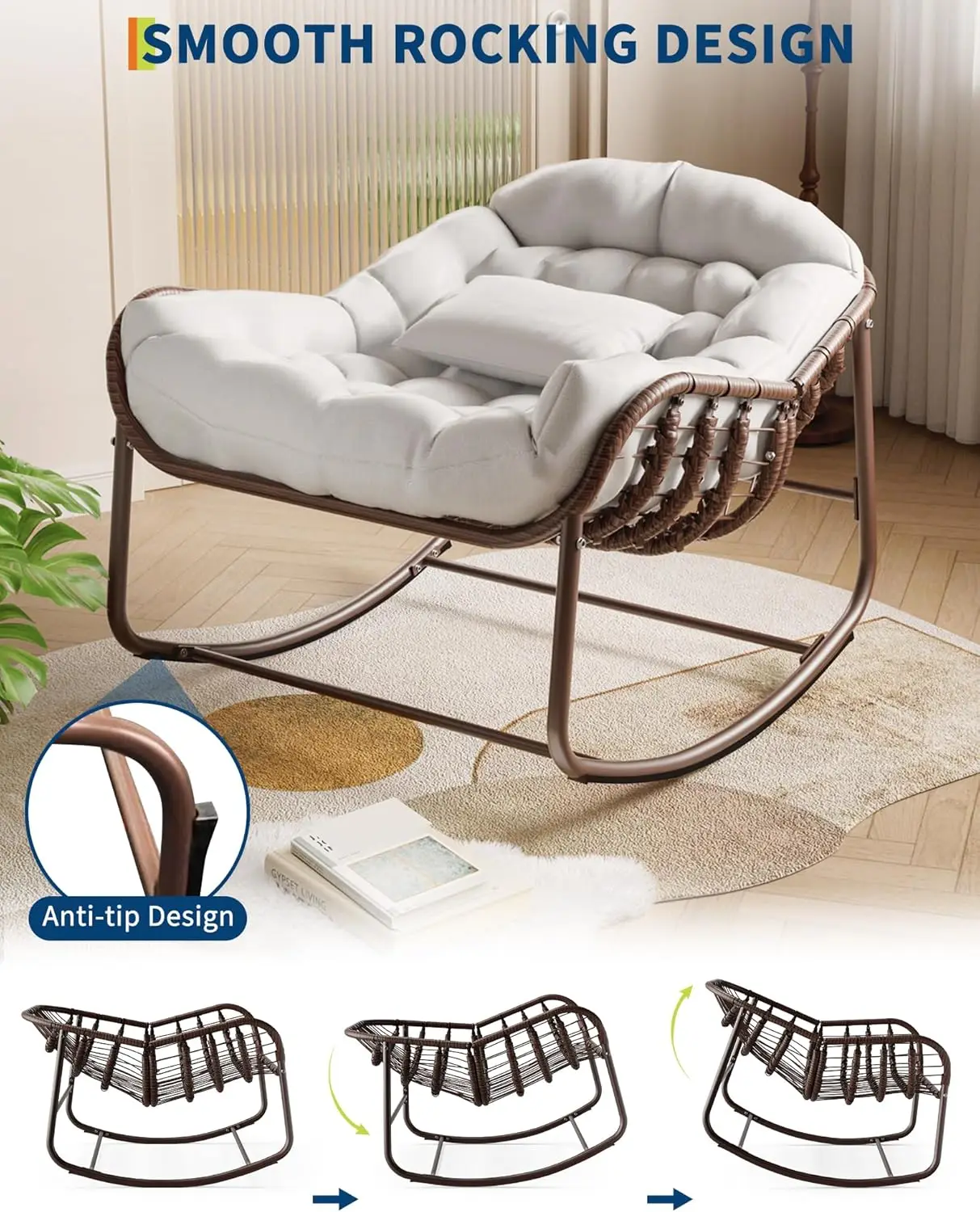 Schaukelstühle, Rattan-Freizeitstuhl, Egg Chair mit gepolstertem Kissen – Egg-Schaukelstuhl für Wohnzimmer, Veranda, Garten, Terrasse – Detail 9