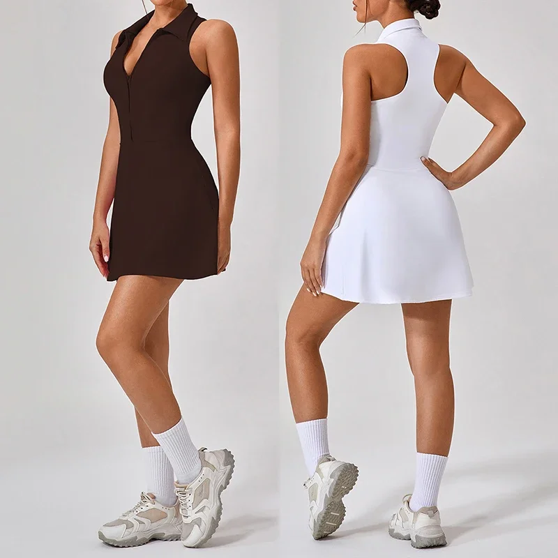 Women Tennis 2-in-1 Golf Sports Fitness Dress Built-in Shorts Sleeveless Polo V-Neck Workout Skirts