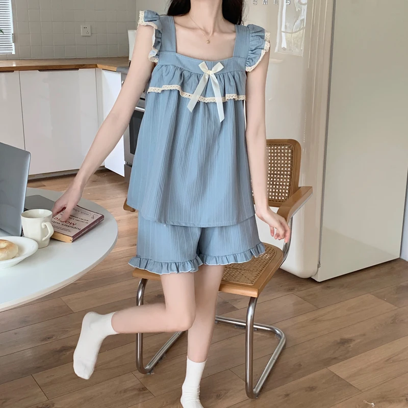 작은 비행 소매 잠옷 여성 여름 순수한면 얇은 달콤한 조끼 민소매 슬링 가슴 패드 봄과 가을날 가정복 세트