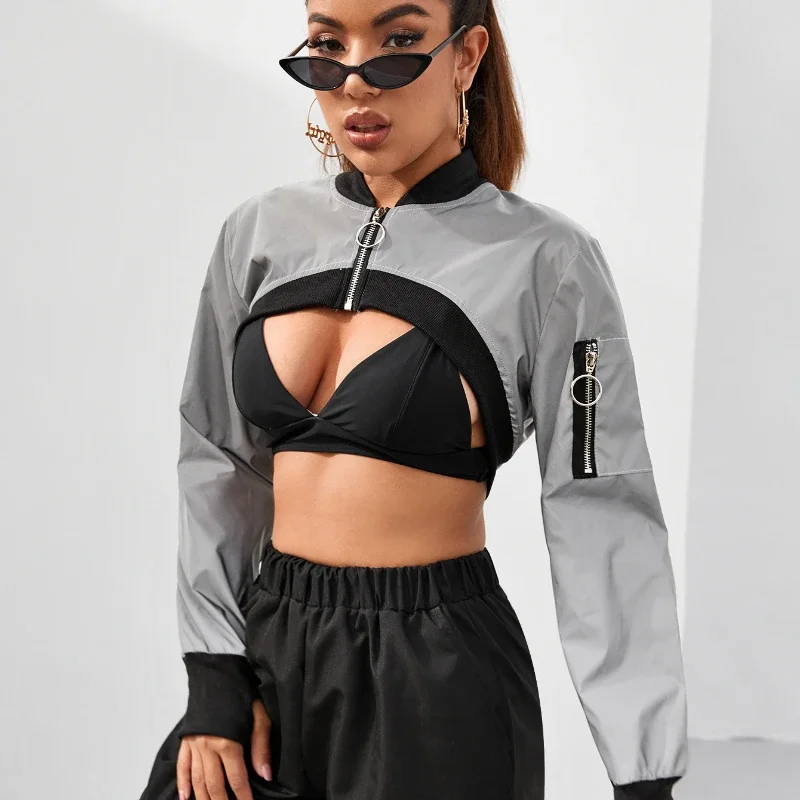 

Short Jacket for Women Fashion Sexy Girl Long Sleeve Silvery Female Clothing Spring Autumn Zipper Cardigan Coat New 24242