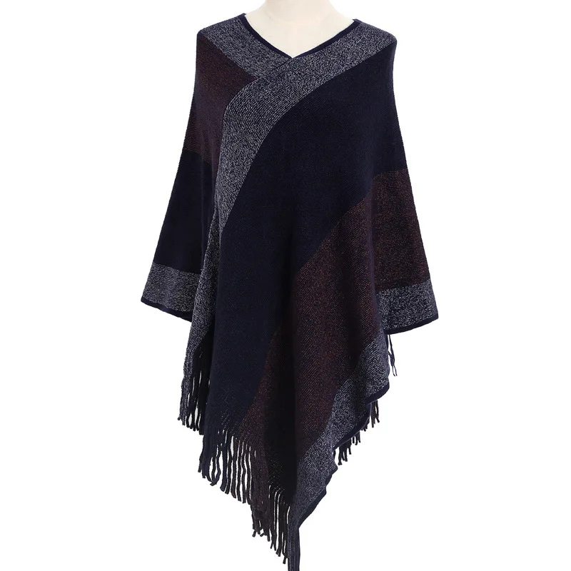 

2022 New Autumn Winter Warm Cape Color Silk Thread Over Cape knitted Cape Tassel Cape Lady Stripe Ponchos P5