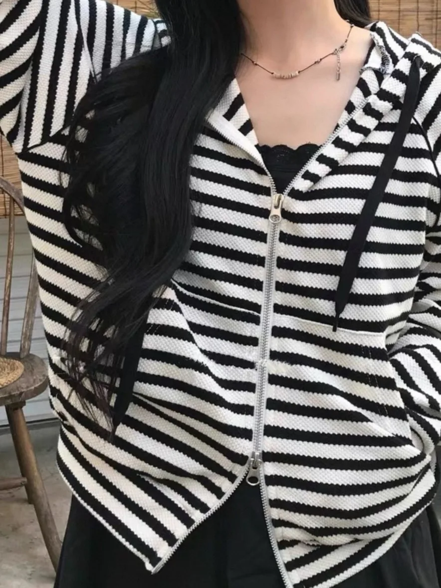 Retro Striped Hoodie Jaet Women's Small Size Faionable Youthful Zipper Outerwear Open Cardigan Long Sve Top