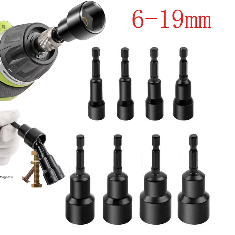 

Magnetic Nut Screwdriver Deep Socket Adapter 1/4inch Hex Wrench Heads 6-19mm Tool Accessory Chromium-vanadium Steel