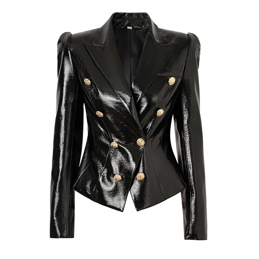 

2024 Autumn Winter New in Jackets Ladies Black Blazer Gold Button Pu Leather Shiny Shoulder Shrug Slim Fit Small Suit Women