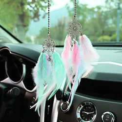 Colorful Mini Dream Catcher Rearview Mirror Charm with Double Wind Chimes - Car Interior Decor Pendant (2pcs Green pink)