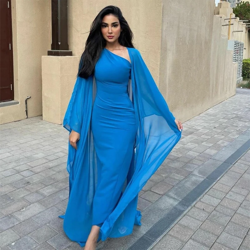 

Blue Long Blue Chiffon Evening Dresses Sheath فساتين السهرة Muslim Floor Length Prom Dresses Women Party Gowns