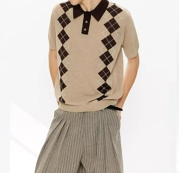 Polo a maniche corte da uomo in maglia casual a contrasto verticale a griglia, nuova collezione estate 2026