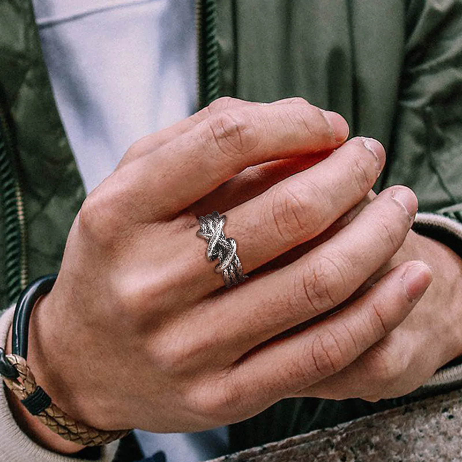 Retro Woven Metal Ring for Men Boys,Irregular 3 Layers Knot Opening Ring,New Punk Jewelry Gifts