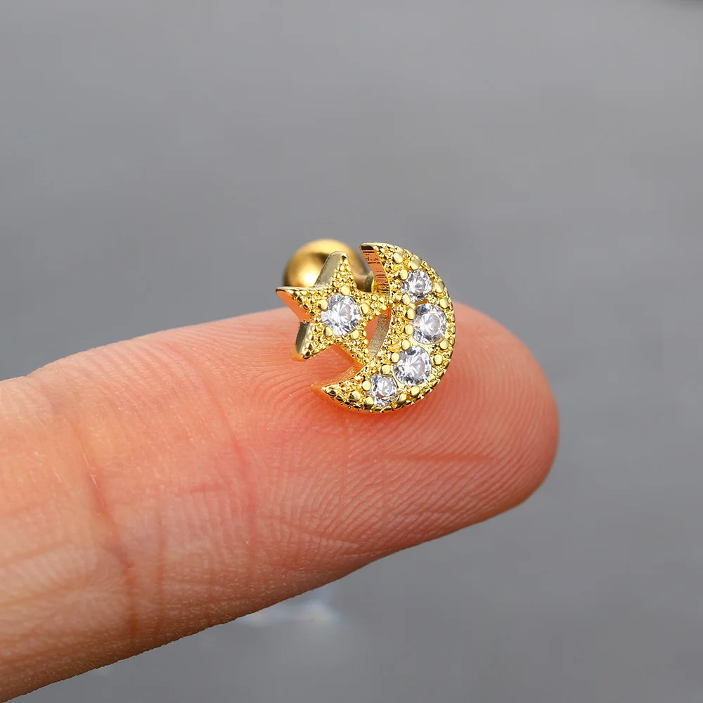 1 Stück Zierlicher CZ-Mond Piercing Y2k Ohrstecker für Frauen, Tragus Helix Daith Ohrschmuck, Edelstahl-Schmuck – Detail 8