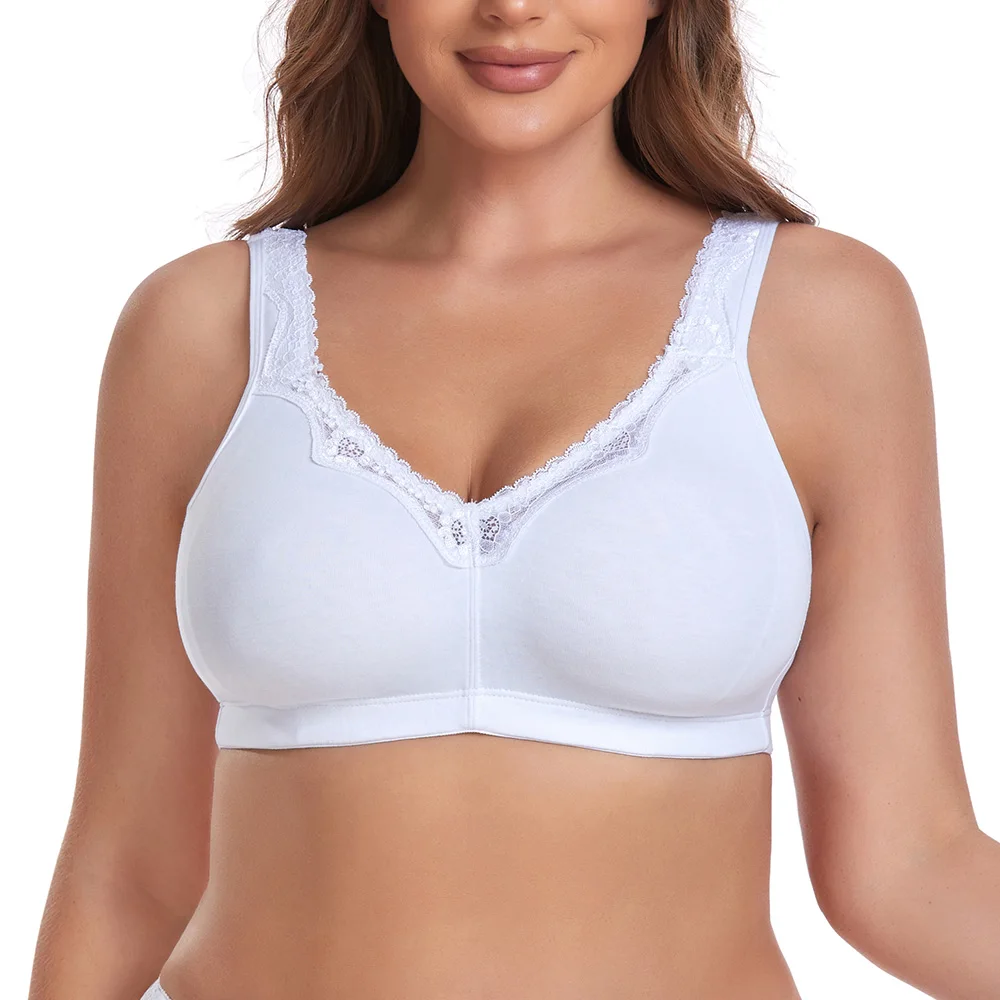 TELIMUSSTO Women's Floral Lace Cotton Bra Plus Size Wire-Free Non-Foam Comfort Wide Straps Full Coverage Sleep Underswear