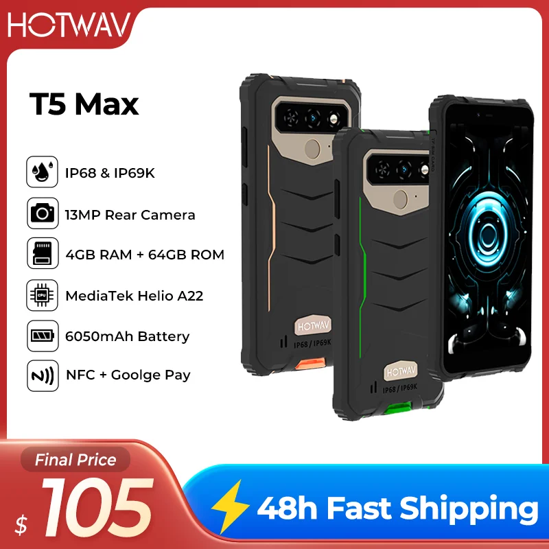 HOTWAV T5 Max Rugged Smartphone Android 13 OS MTK6761 6.0 Inch Screen Phone 4GB 64GB 6050mAh Massive Battery NFC Cell Phone