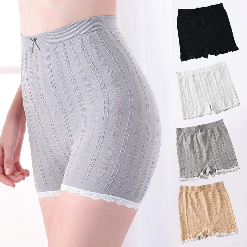 

Women Fashion Underwear Solid Color Short Pants High Waist Panties Safety Pants Lace Stretch Panties Mini Bow Knot Underwear