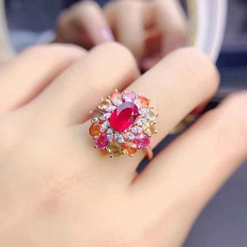 FS colore naturale zaffiro opale/rubino anello di lusso S925