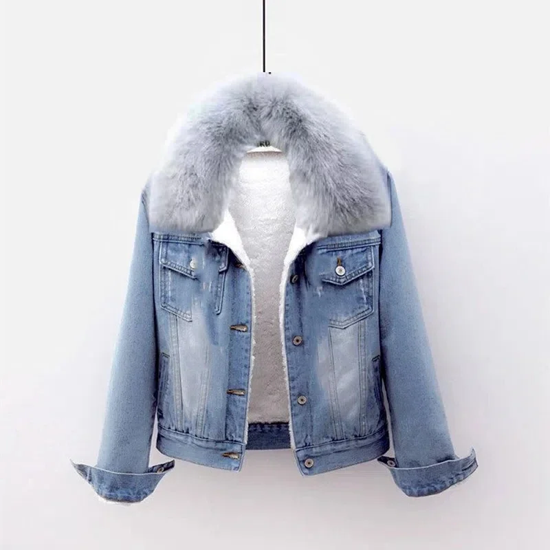 Autumn and Winter Jean Jackets Women's Plush Thickened New Warm Thick Wool Collar Fashion Versatile Outwear Female Denim Jacket bison denim men s genuine leather gloves warm wool lining leather gloves for men smartphone touch screen mittens autumn