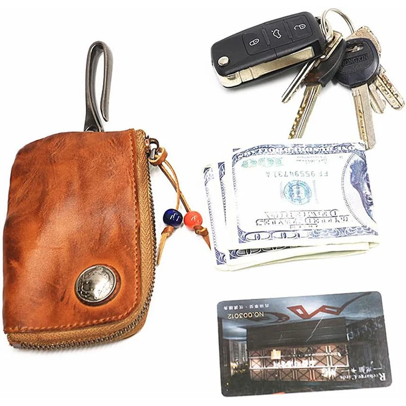 Leather Key Bag Mini Medieval Pouch Keychain Coin Organizer Change Holder Genuine Leather Zipper Key Fob Pouch for Men & Women
